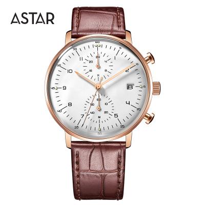 China Moq Dome 5atm OEM Auto Custom Logo Low Date Chronograph 316L Stainless Steel Butterfly Buckle Genuine Leather Watch Men For Sale for sale