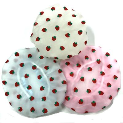 China New Viable Double Layer Cheap Wholesale Strawberry Print Custom Mesh Shower Cap Waterproof Hair Bathing Hat for sale