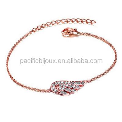 China Cute 22k Gold CZ Feather Wing Charm Angle Chain Bracelet Cute Wrist Bangle Jewelry for sale