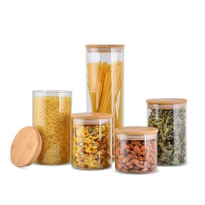 China Microwavable Food Storage Pantry Spice Borosilicate Kitchen Glass Jar With Acacia Bamboo Wood Airtight Sealing Lid for sale