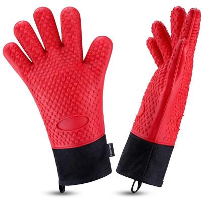 China Long Red Kitchen Cooking Stocked Silicone Waterproof Non-slip Heat Resistant Grilling BBQ Oven Double Mitt Gloves for sale