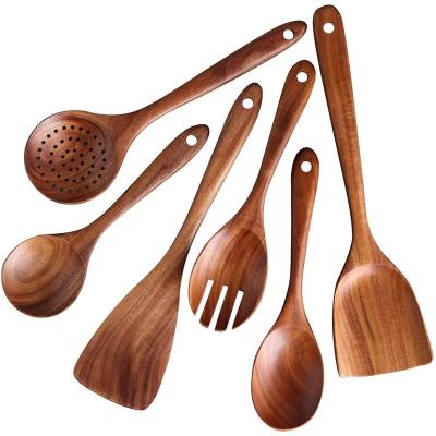 China 2020 Point Viable Teak Kitchen Accessories Wooden Instruments 6 Pieces Serving Spoon Spatula Pocket Skimmer Cooking Utensil Wooden Set for sale