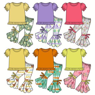 China Wholesale Casual Babies Clothes Blow Sleeve Upper Bottom Bell Bottom Pants With Bow Toddler Girls 2 Piece Outfits Sets for sale