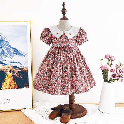 China High Quality Breathable Kids Girls Floral Baby Dresses Short Sleeve Smocked Dresses for sale