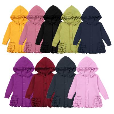 China Breathable MOQ Cotton Drop Winter Jacket Not Coated Boutique Ruffle Girl Cute Hooded Jacket Solid Color for sale