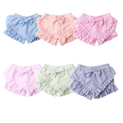 China Summer Breathable Cute Toddler Casual Cotton Seersucker Bow Ruffles Fashionable Casual Shorts for sale