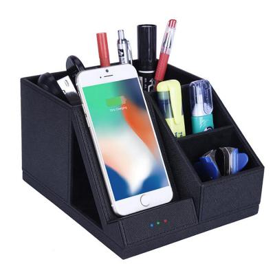 China Multi-Function Wireless Charger Pen Holder Wireless Charger Pen Stand Desktop Leather Wireless Stand for sale