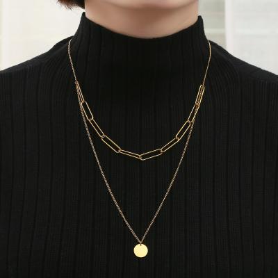 China New Trendy Fashion 18K Gold Plated Stainless Steel Single Link Chain Round Double Layered Pendant Necklace For Women for sale