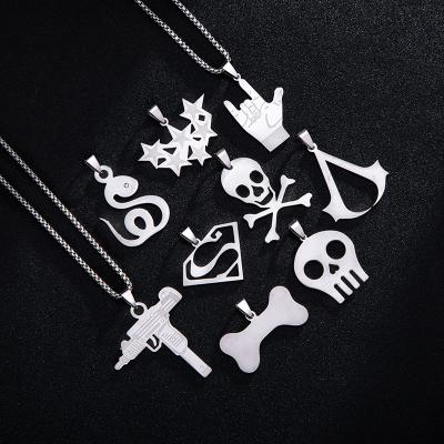 China New Trendy Hip Hop Stainless Steel Necklace Many Designs Bone Skull Star Gun Pendant Necklace For Women Men for sale