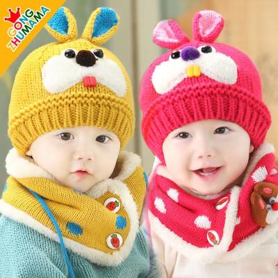 China COMMON hot sale winter knit berry hat and scarf gloves set rabbit plush crochet wool baby hat for kids for sale