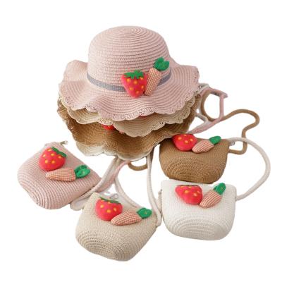 China Character Summer Radish Strawberry Wide Brim Straw Hat Sets For Kids for sale