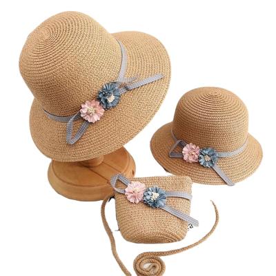 China Cute Straw Bag Hat Set For Parents And Children Summer Natural Kids Picture Wholesale 3 Set for sale