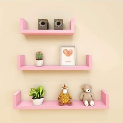 China Adjustable U-Shaped Painted Wood Pink Wall Shelves Set of 3 for Bathroom Living Room for sale