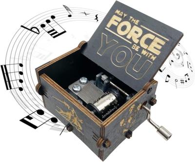 China Rectangle Personalized Vintage Laser Engraved Star Wars Wooden Hand Crank Musical Box for sale