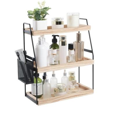 China Cosmetic Storage Vanity Organizer 3-Tier Standing Counter Shelf With Basket Wood Tray for sale