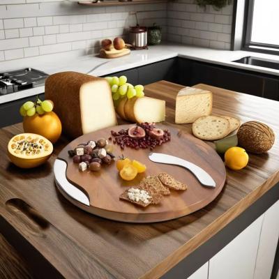 China Custom Logo Acceptable Round Grooving Acacia Cutting Board with Knife and Spreader for sale