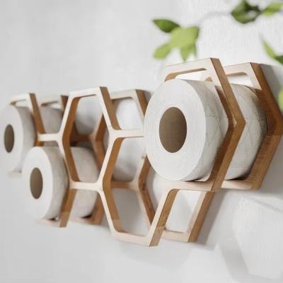 China Home Furniture Wooden Honeycomb Wall Mount Toilet Paper Holder with Tissue Storage for sale