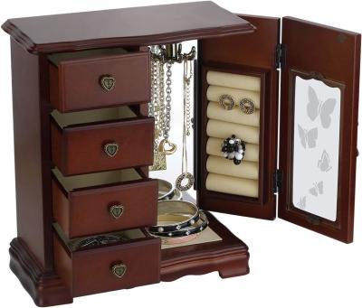 China Pine Wood Color 4-Drawer Wooden Jewelry Box for Ring Storage and Makeup Organization for sale