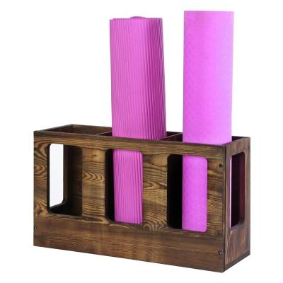 China Wall Mounted Solid Burnt Wood Yoga Mat Holder Fitness Gym Foam Roller Storage Organizer Sports Exercise Mat Rack for sale