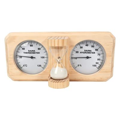 China Modern Design 3 in 1 Wooden Sauna Thermometer and Hygrometer with 15 Minute Hourglass Sand Timer for sale