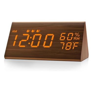 China Environmental Brown 3 Alarm Settings Multifunctional Wooden Electronic Led Time Display Alarm Clock for sale