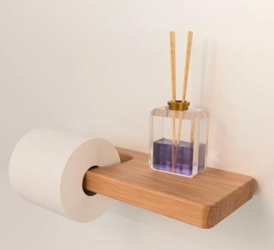 China Sustainable Wooden Wall Mount Toilet Paper Holder With Shelf Extra Surface Wood Rack for sale