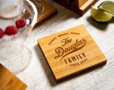 China Family Name Coasters with Optional Holder Made of Bamboo Beech Walnut Oak MDF or Pine for sale