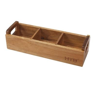 China Acacia Wood Tea Bag Box with Handle 3 Compartments Mini Countertop Storage Container for sale