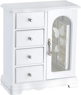 China Handmade White Solid Wood Jewelry Box with 4 Drawers Large Mirror and Necklace Carousel for sale