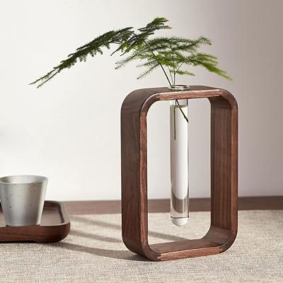 China Garden Plant Decor Transparent Glass Vase Plant Holder Small Size Walnut Rectangle Wood Frame Flower Stand Table for sale