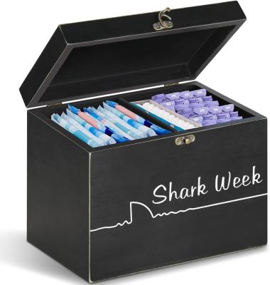 China Shark Week Tampon Storage Box with Tray Lid Wood Carved Feminine Product Organizer for sale