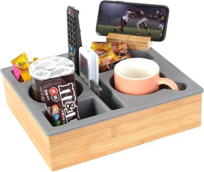 China Rotatable Phone Holder Wooden Silicone Bamboo Couch Cup Holder Tray Organizer for Bed Snacks Customized Logo Acceptable for sale