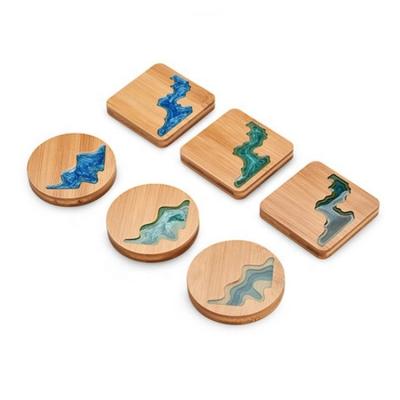 China 10Cm Live Edge Bamboo Square Resin Wooden Epoxy Wood Coaster Resin River Blue Emerald for sale