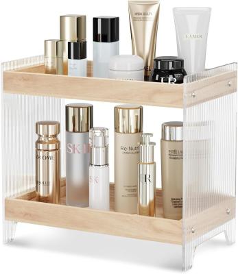 China Non-folding Rack Makeup Perfume Organizer with Wooden Tray and Acrylic Cosmetics Shelf for sale