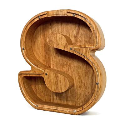 China English Letter Wooden Piggy Bank Personalized Alphabet Money Bank 1.75 inches thick for sale