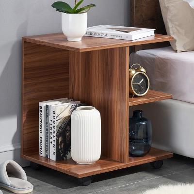 China Bedroom Furniture Modern Walnut Wood Nightstand with Rolling Wheels and Open Shelf for sale