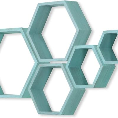 China Wood Farmhouse Storage Honeycomb Wall Shelf Wall Mounted Set 5 Hexagon Floating Shelves for sale