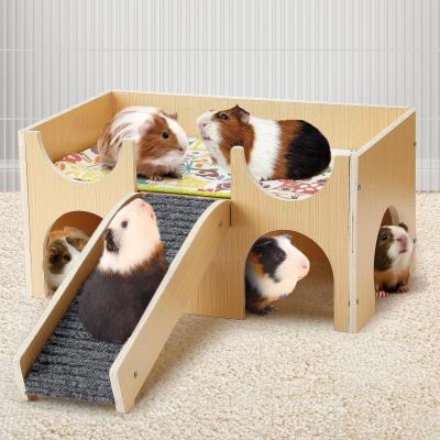 China Sturdy Wooden Guinea Pig Hideout Upgraded Small Animal House with Stairs and Bed Hut for sale