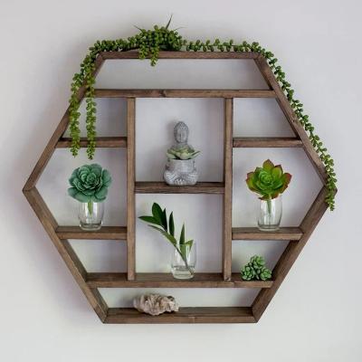 China Home Decoration Solid Wood Hexagon Wall Mounted Floating Shelf Wooden Storage Shelves for sale