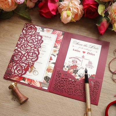 China Europe Laser Cut Hollow Rose Pocket Wedding Invitations with Envelopes and RSVP Cards for sale