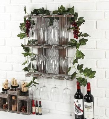 China Wooden Wall Mounted Glassware Holder Rack for 12 Wine Glasses Non-folding Display for sale