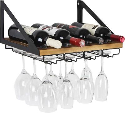 China Estante no plegable de madera rústica montado en la pared Estante de vino con 4 cables metálicos soporte de vidrio Diseño personalizado en venta