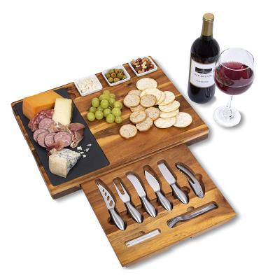 China Silk-screen Printing 19-Piece Acacia Wood Slate Cheese Board and Knife Set for Meat Wine Cheese for sale