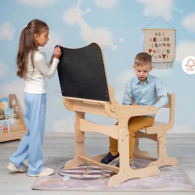 China Montessori Kids Study Furniture Set Custom Size Wooden Desk and Chair with Chalk Tabletop for sale