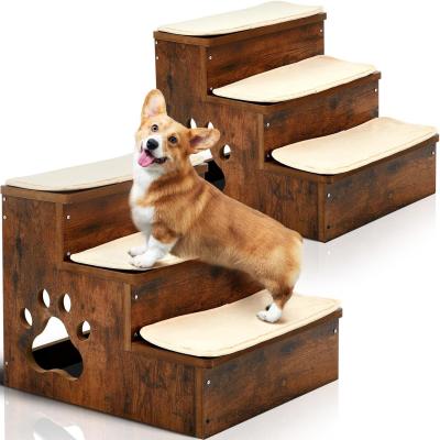 China OEM 3 tiers Wooden Dog Stairs Steps Non Slip Puppy Stairs with Storage Washable Carpeted for sale