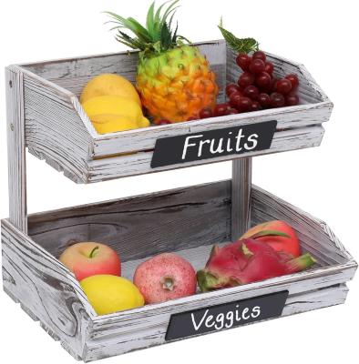 China Farmhouse Standing Wooden Organizer 2 Tier Food Basket Holder for Kitchen Organization for sale