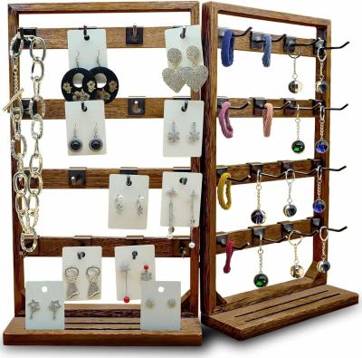 China Home Theme Wooden Foldable Jewelry Display Stand with Removable 32 Hooks and Ring Tray for sale