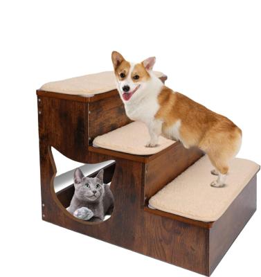 China 3 Tiers Wooden Dog Stairs Solid Wood Pet Steps with Non-Slip Pads and Washable Carpet for sale