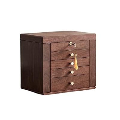 China Traditional Wooden Jewelry Box with 5 Drawers and Two Side Doors in Polished Walnut for sale