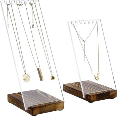 China Clear Acrylic Necklace Holder with Solid Wood Base Tabletop Jewelry Easel Stand Advantage for sale